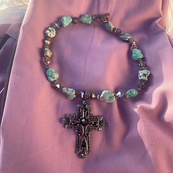 SILVER TONE cross choker necklace shimmering black clear turquoise beads - Picture 3 of 10